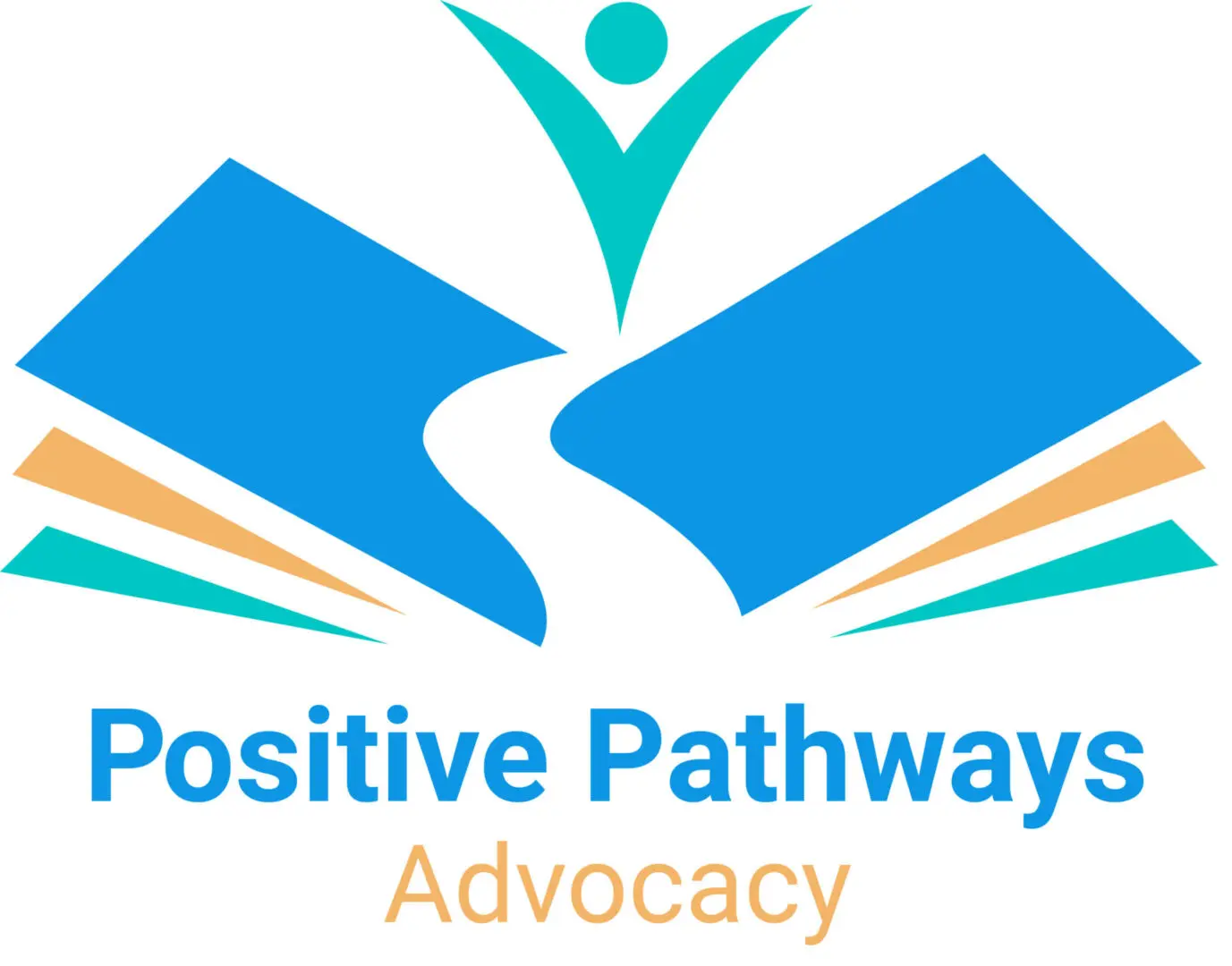 Logo for Positive Pathways Advocacy featuring an abstract figure above a path between two blue book shapes, with text below.