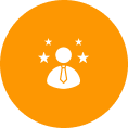 Icon of a person wearing a tie surrounded by four stars on an orange circular background.