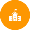 White school building icon with a flag on an orange circular background.