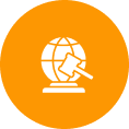 Orange circular icon with a white globe and a gavel, symbolizing online law or internet regulations.