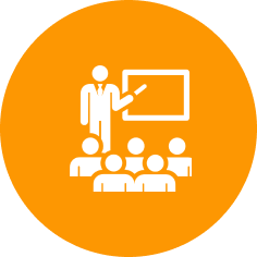 School Observations Icon of a person in a suit pointing at a board, with four seated figures, on an orange circular background, symbolizing a teaching or presentation setting.