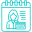 Blue line icon of an identification card with a person’s silhouette, text lines, and a calendar-like border at the top.