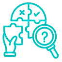 Line drawing of a hand holding a puzzle piece, a puzzle with check and cross marks, and a magnifying glass with a question mark inside.