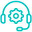 Turquoise line icon of a headset with a gear in the center, representing technical support or customer service assistance.