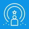 White line icon of a person with a star above their head, surrounded by concentric circles, on a blue background.