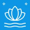White lotus flower outline above water waves with small decorative stars on a blue background.