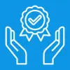 White outline of two hands beneath a ribbon with a check mark on a blue background, symbolizing certification or quality assurance.