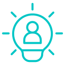 Outline of a lightbulb with a person icon inside, surrounded by lines representing light rays, symbolizing an idea or innovation related to people.