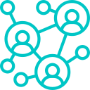 Illustration of three connected person icons, representing a network or social connections.