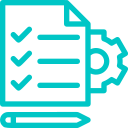 Blue icon of a document with three checkmarks, a gear partially visible behind it, and a pencil below, representing tasks or checklist with settings and editing tools.