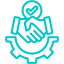 Turquoise line icon of two hands shaking above a gear, with a checkmark above the hands, representing partnership or agreement.