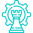Turquoise outline of a rook chess piece in front of a gear, symbolizing strategy and engineering or strategic planning in technology.